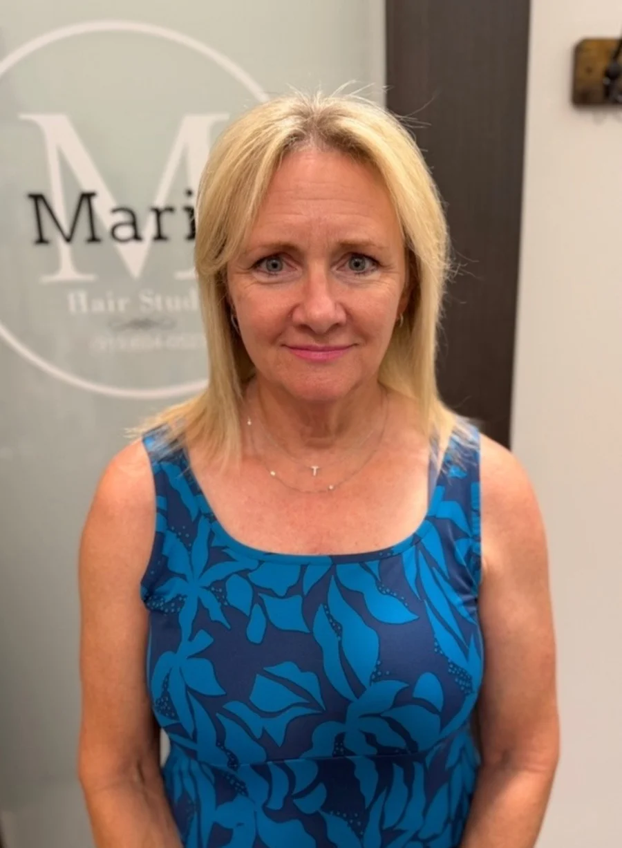 Fine, shoulder-length blonde hair before extensions